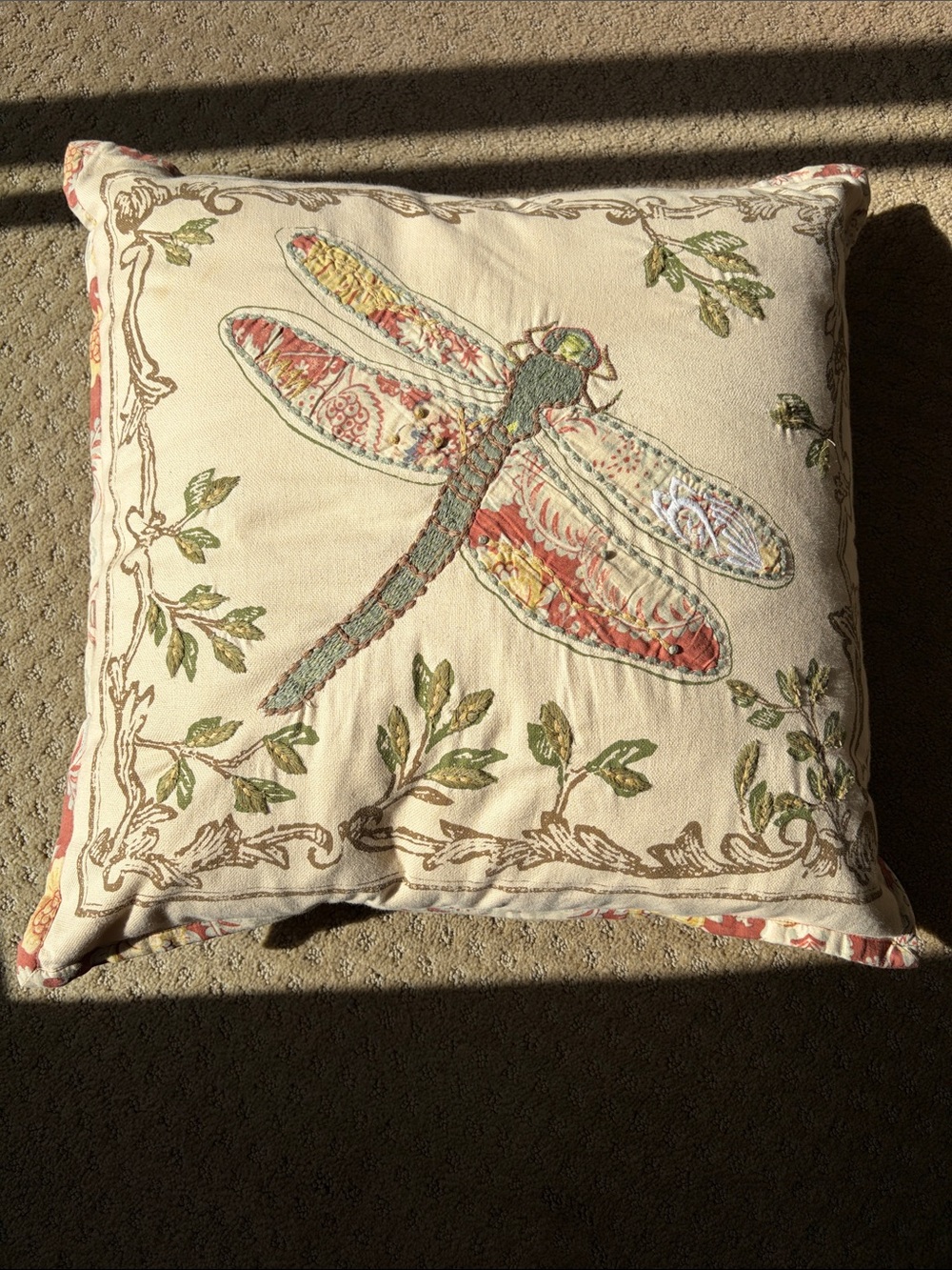 Embroidered Dragonfly Throw Pillow - Beige with Green and Rust Accents.